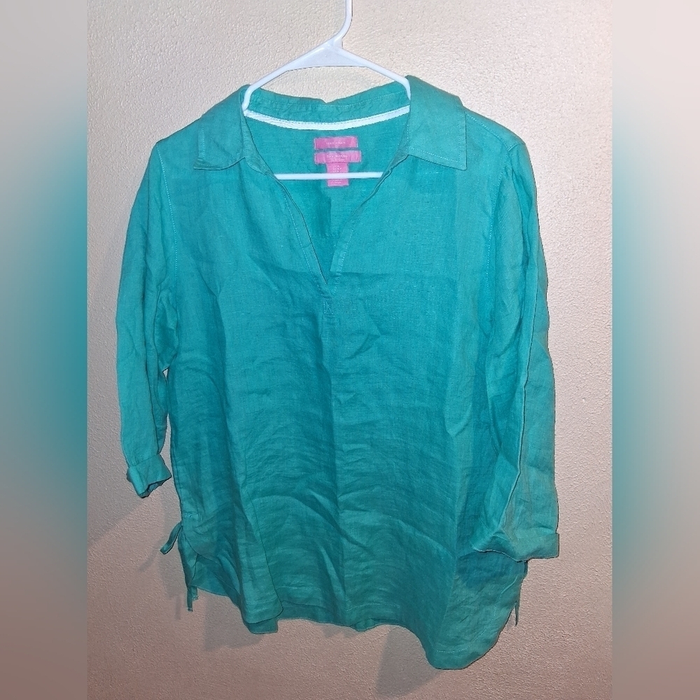 ISAAC MIZRAHI Top Womens M 100% Linen V-Neck Popover 3/4 Sleeve Blouse Green